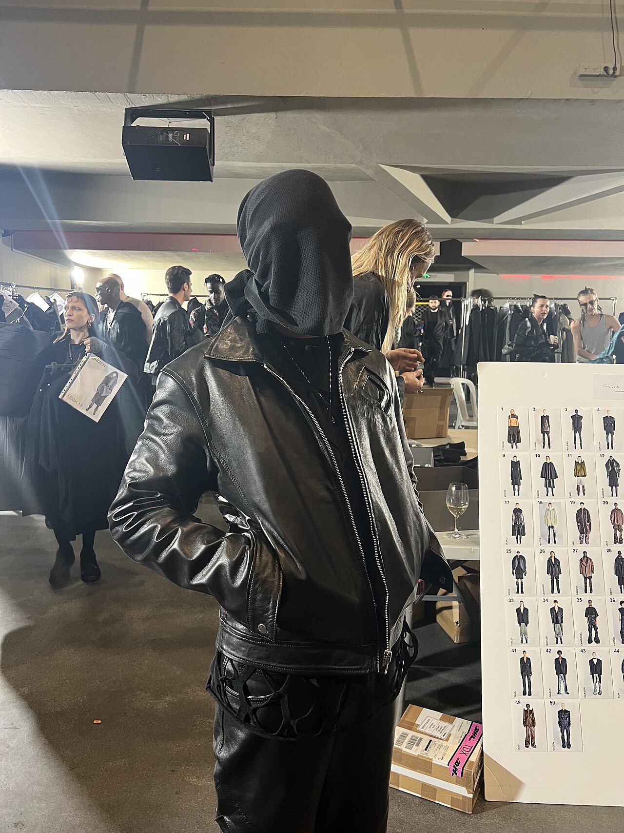 Coulisses d'un défilé Rick Owens : une personne au premier plan, cagoule noire et blouson de cuir, planche de silhouettes à droite.